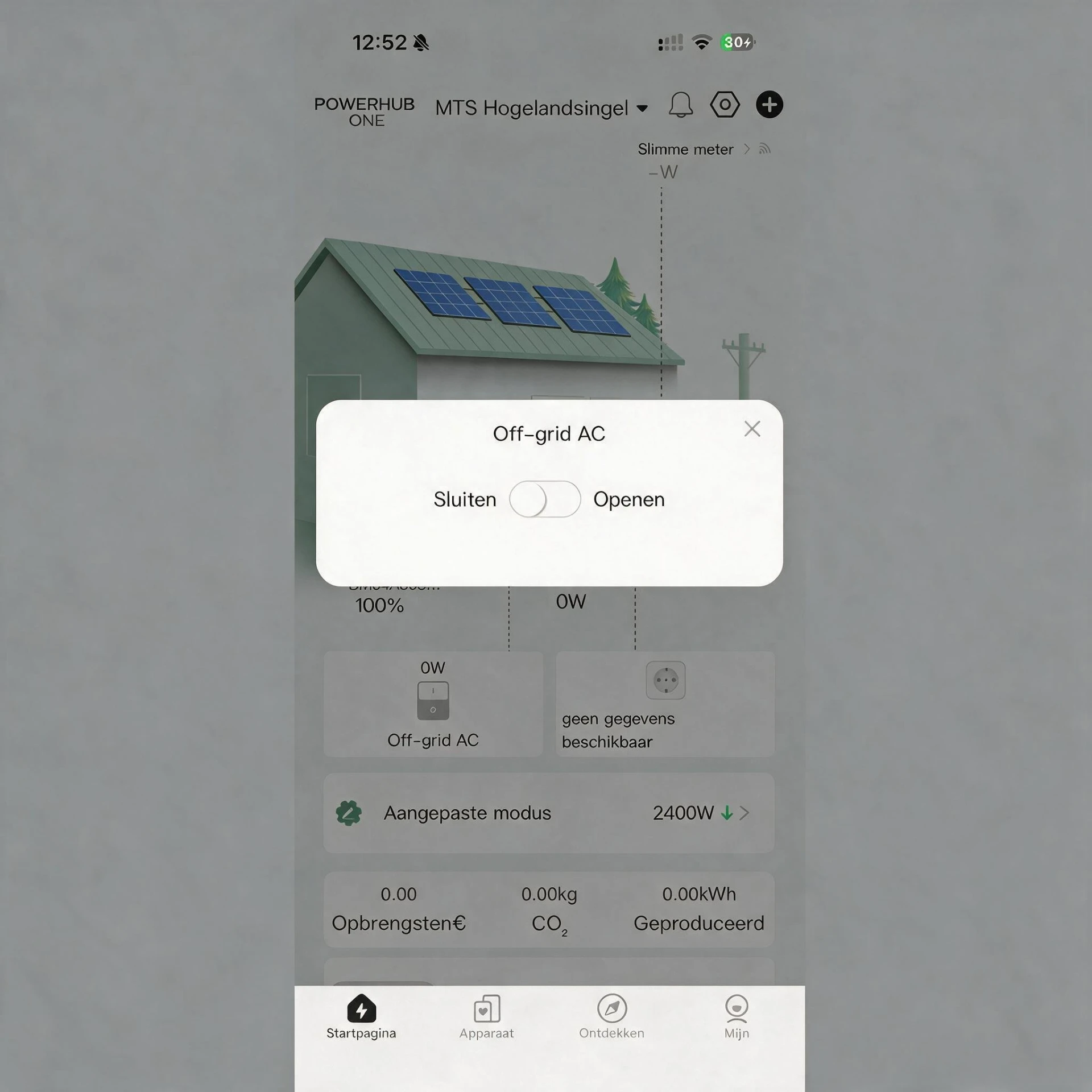 PowerHub app met de instelling voor de off-grid AC-uitgang