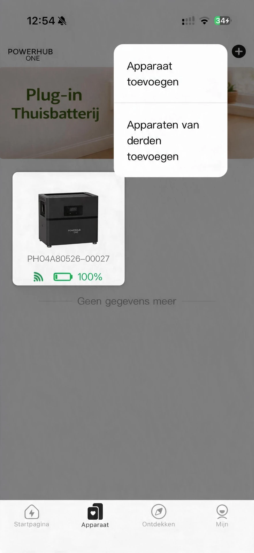 PowerHub app met het overzicht van gekoppelde apparaten en de laadstatus