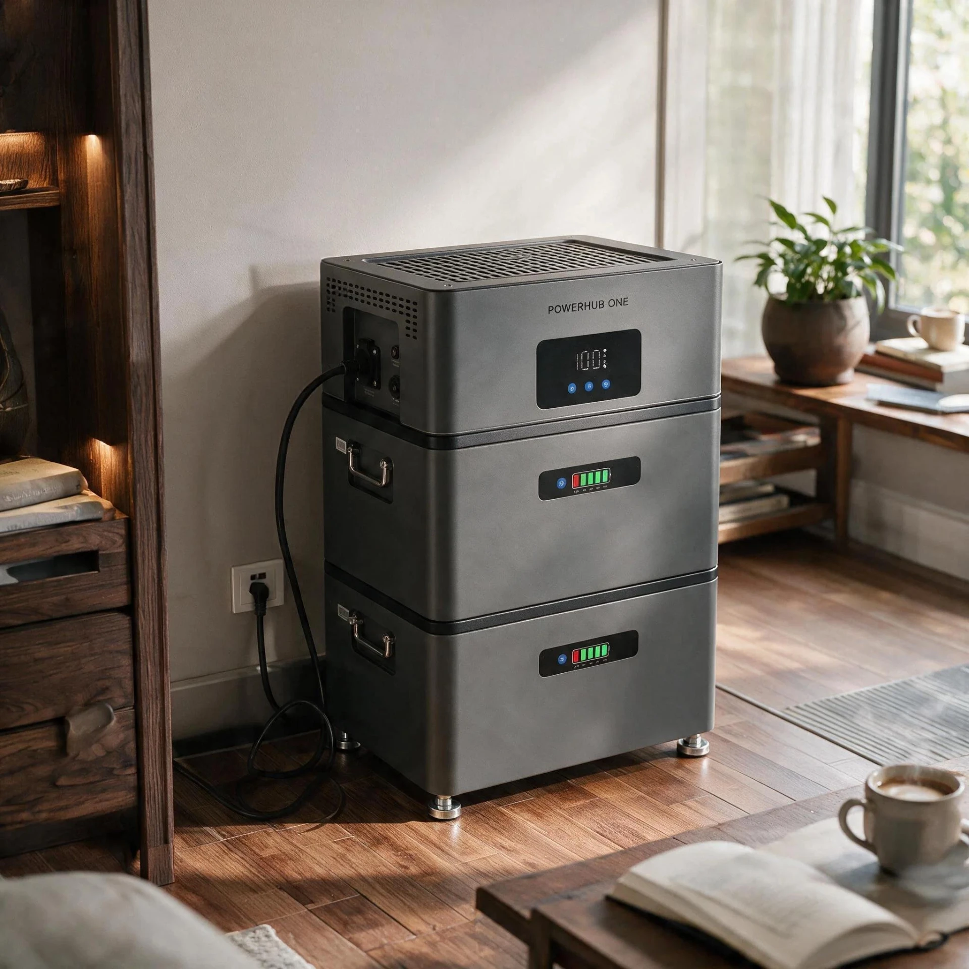 PowerHub ONE in een modern interieur, aangesloten op een wandcontactdoos