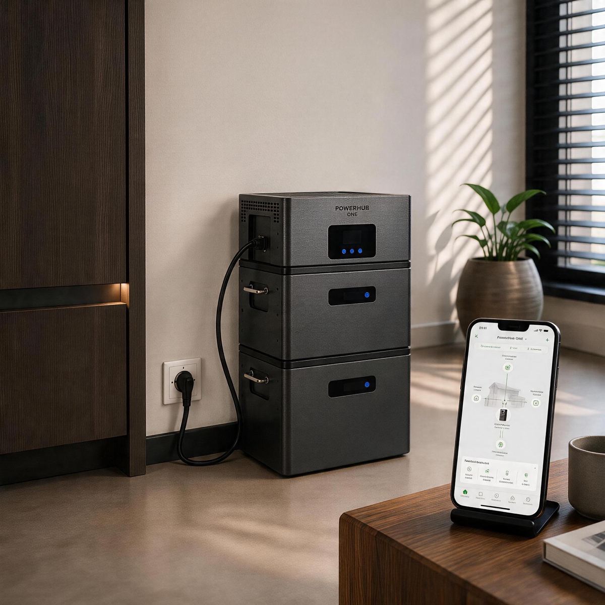 PowerHub ONE thuisbatterij in een moderne woonruimte, naast een smartphone met de PowerHub app